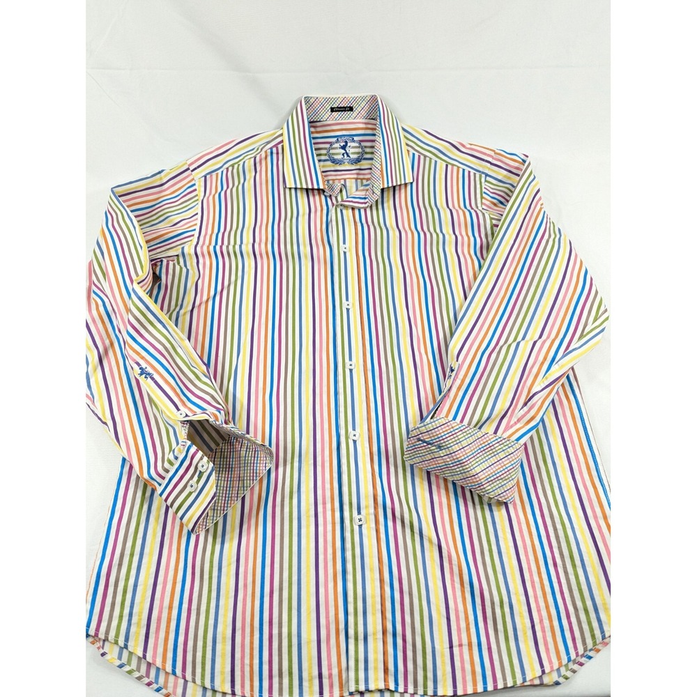 Mens Multicolor Flip Cuff Shirt Size XL Bugatchi Uomo Stripes Rainbow Excellent